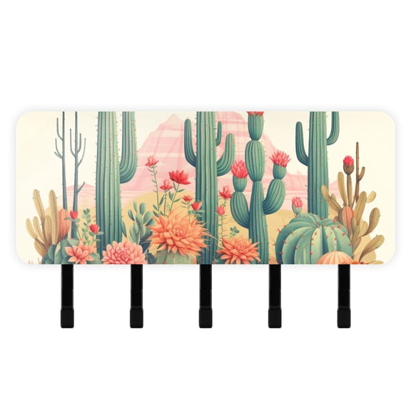 Flowers and Cactus Mail Holder Organizer Wall Mount with Shelf Key Holder Key Rack with 5 Key Hooks for Wall Decorative