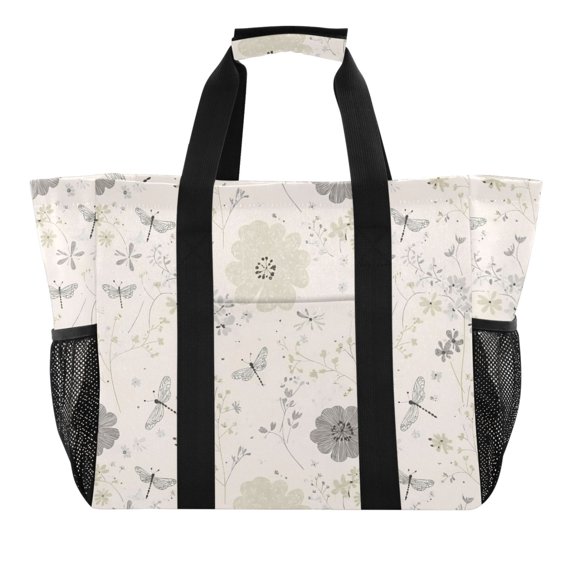 Flowers and Dragonflies Reusable Grocery Bags with Handle Side Pocket Waterproof Shopping Portable Tote