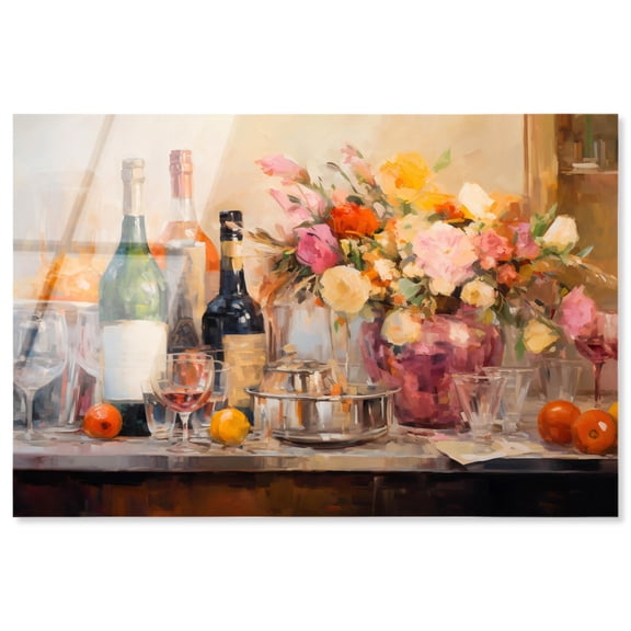 Flowers and Drinks High-Gloss Frameless Acrylic Glass Wall Art Glam Livingroom by Art Remedy, Ready to Hang, 15 x 10
