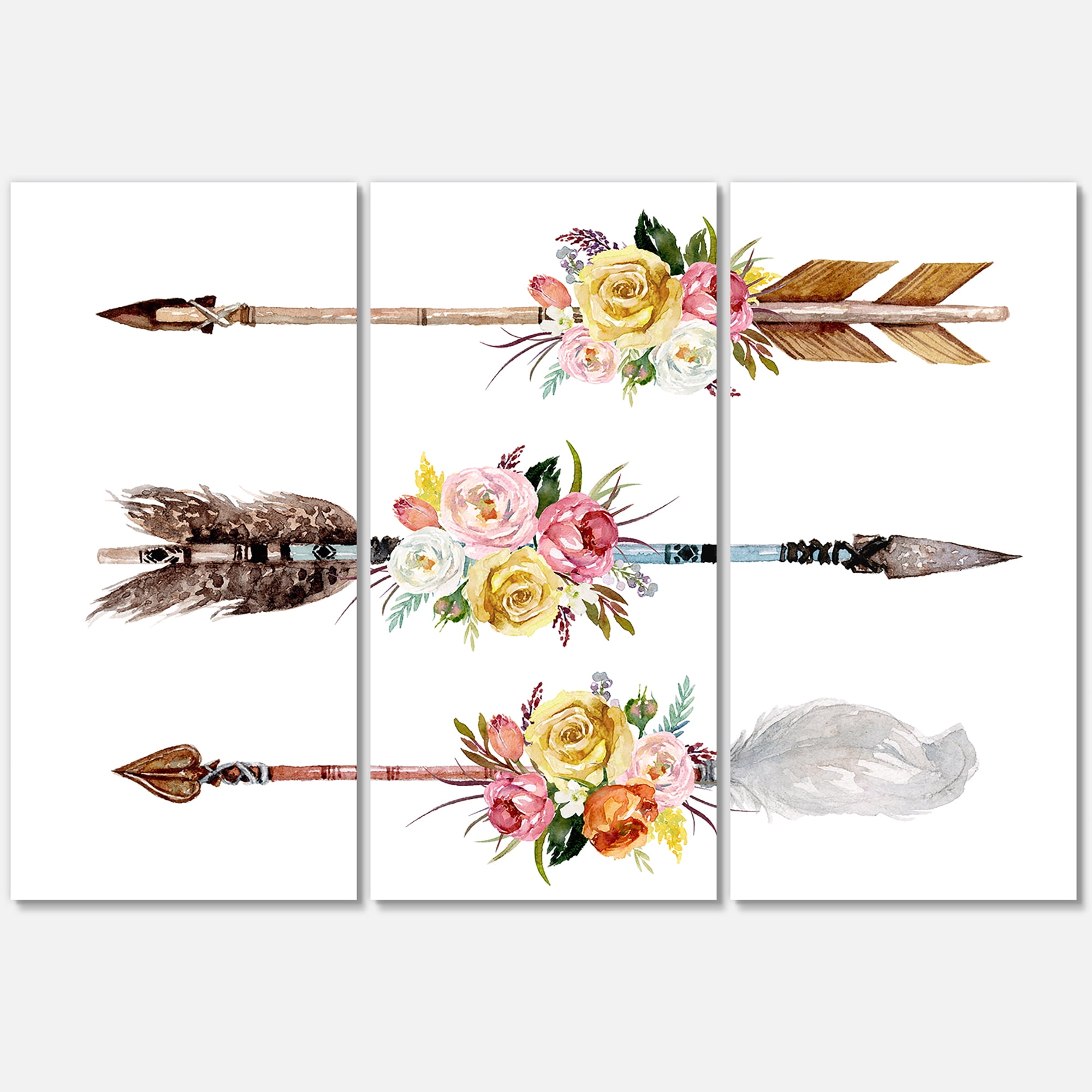 Flowers and Ethnic Feathers On Native Arrows II 28 in x 36 in Painting Canvas Art Print, by Designart