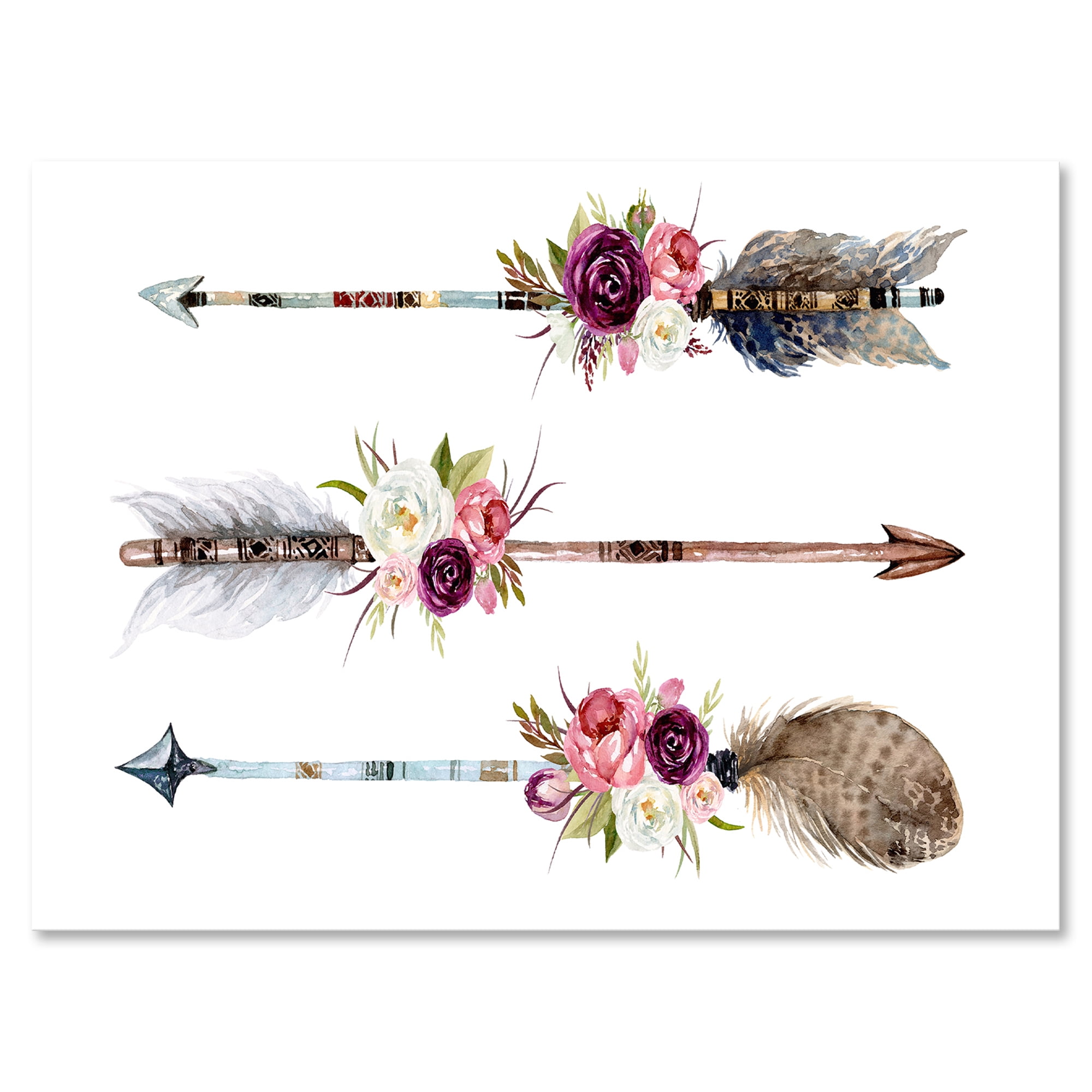 Flowers and Ethnic Feathers On Native Arrows III 8 in x 12 in Painting Canvas Art Print, by Designart