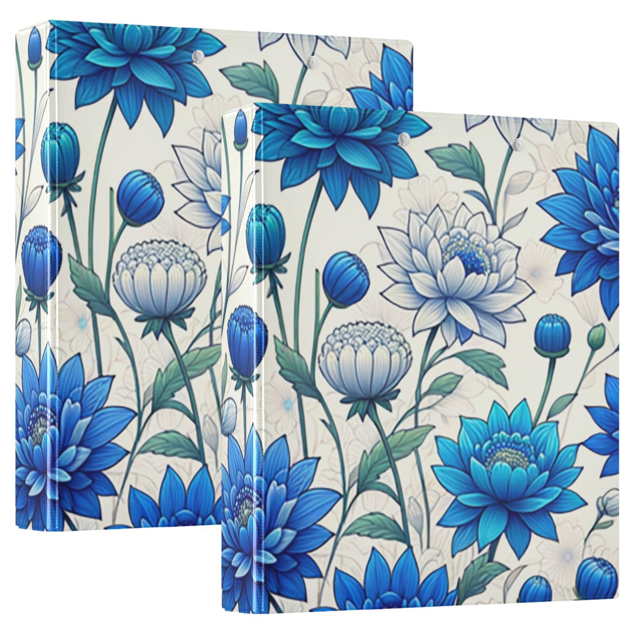 Flowers and Floral Blue 3 Ring Binders 1.5 inch Hardcover File Folders with Interior Pockets A4 Size Organizer for School Office Hospital