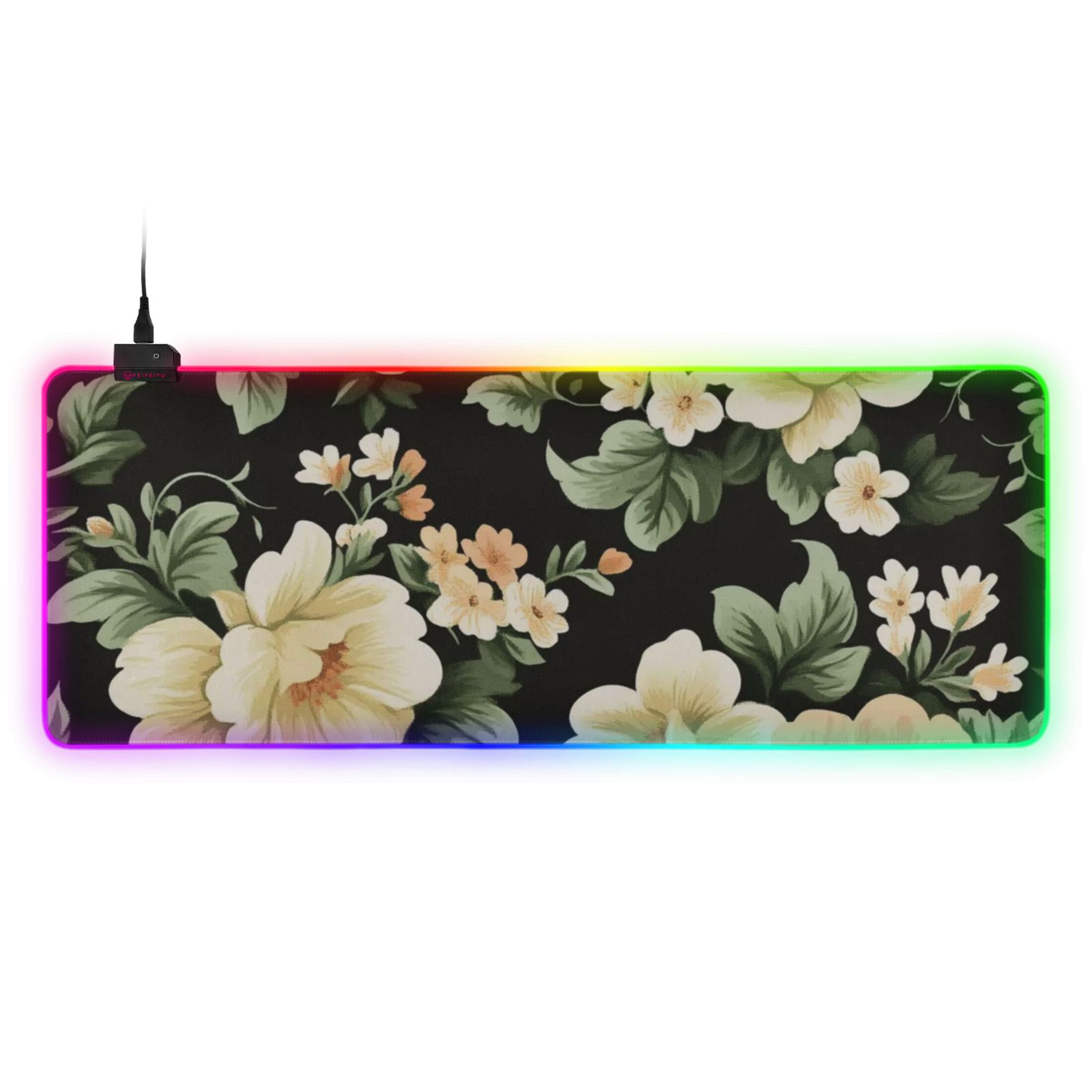 Flowers and Green Leaves RGB Gaming Mouse Pad Large Keyboard Mat Rubber Base 13 Light Modes