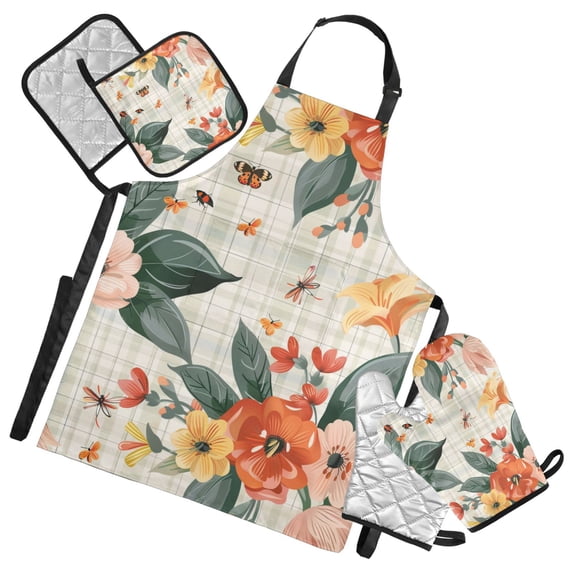 Flowers and Insects 5 Pcs Kitchen Set Heat Resistant Oven Mitts and Non-Slip Pot Holders with Adjustable Cooking Apron