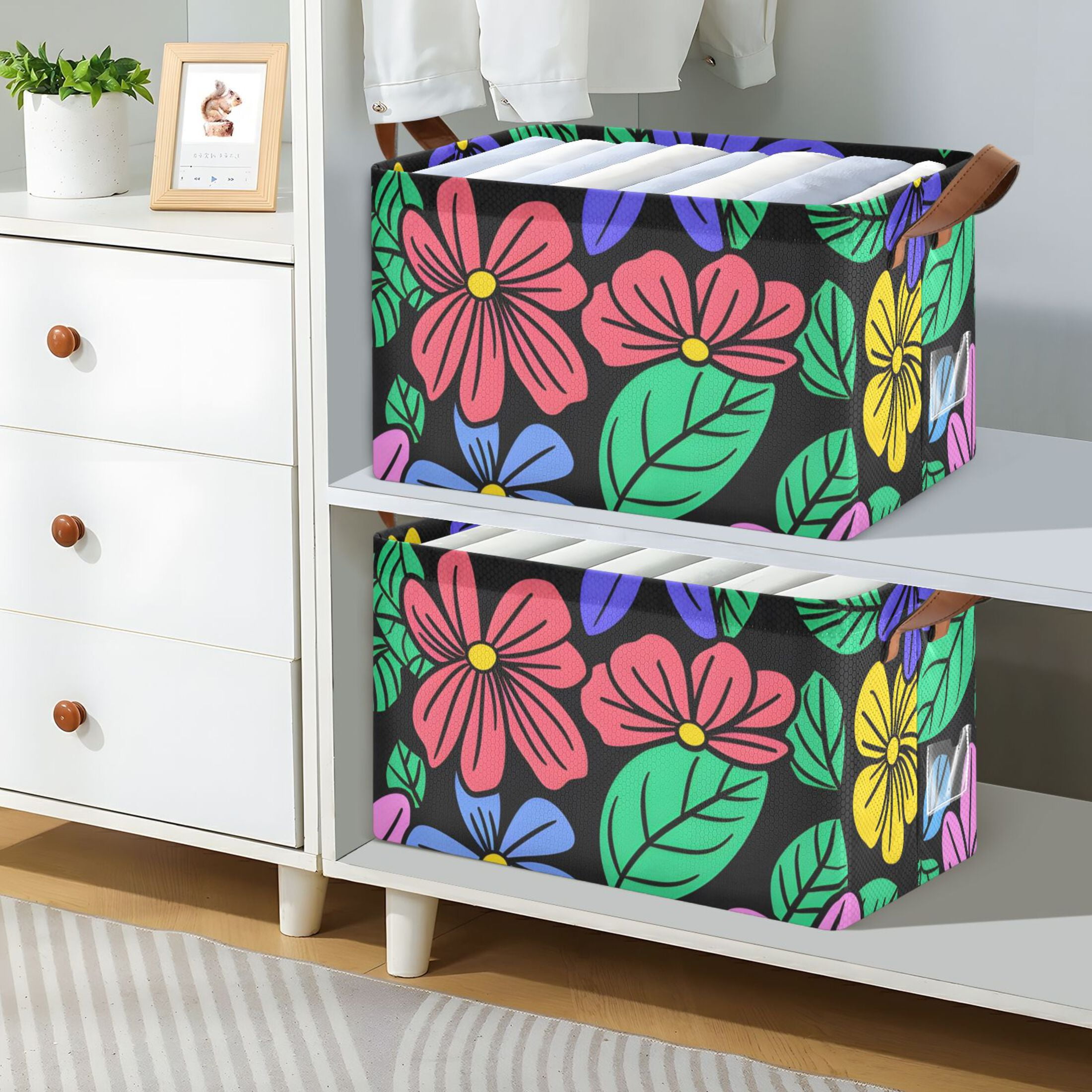 Flowers and Leaves Black Foldable Storage Large Fabric Storage Baskets Organizer Storage Bins with Handles for Shelves
