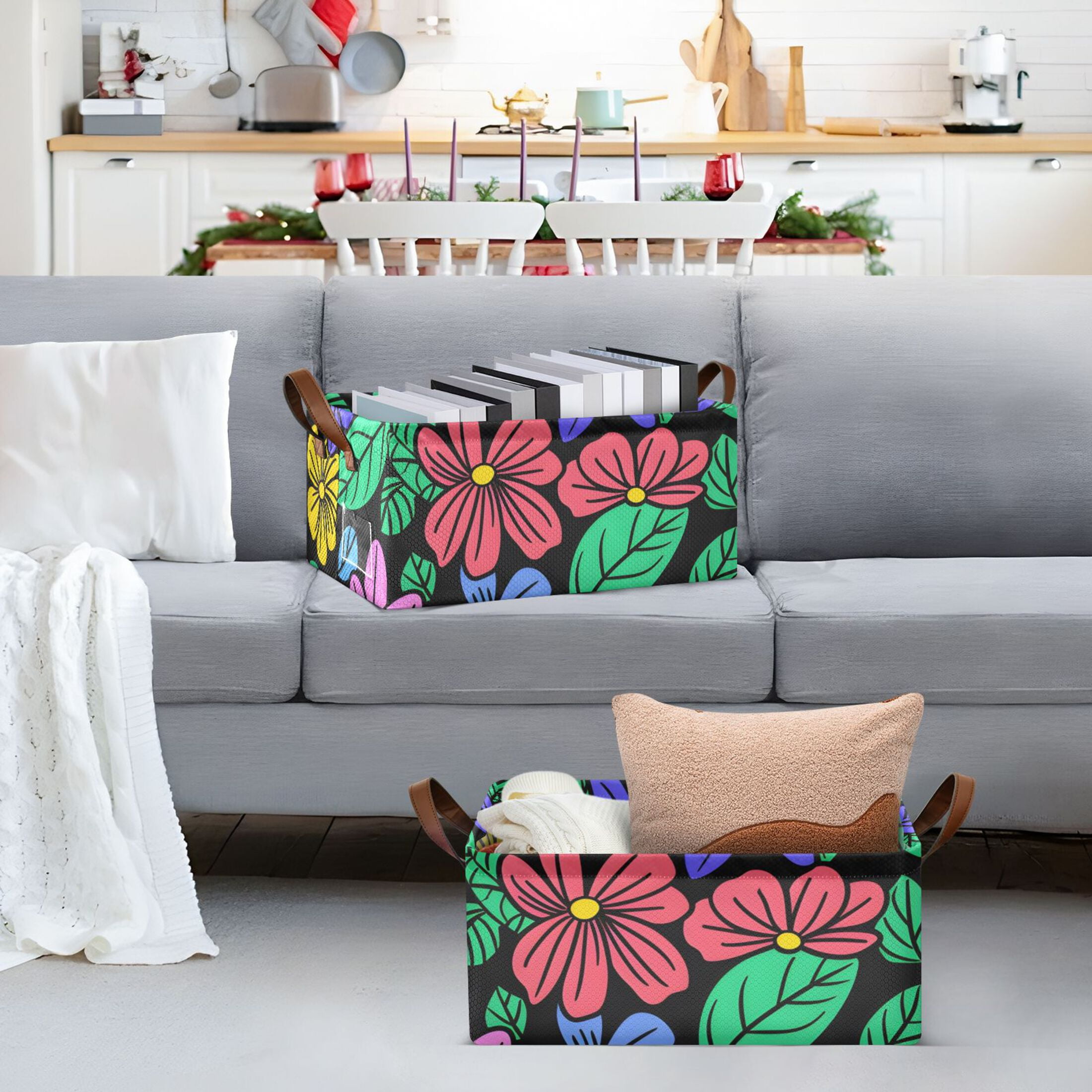 Flowers and Leaves Black Storage Bins with Handles Foldable Storage Baskets for Shelves Organizer Cloth Baskets