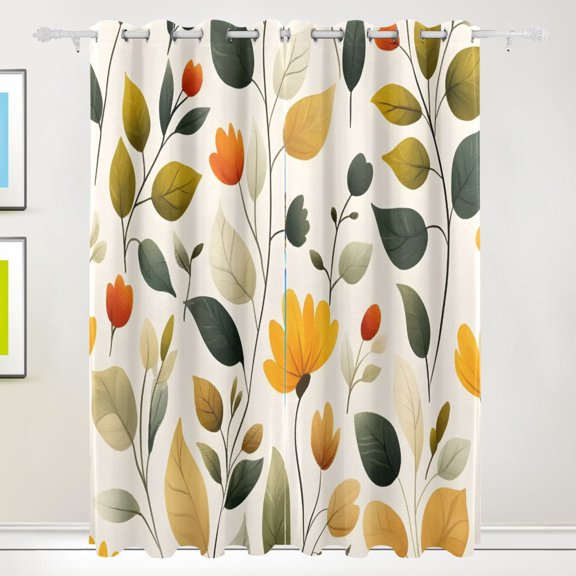 Flowers and Leaves Vector Blackout Curtains 55W x 84L Living Room Bedroom Curtains Heat Insulation and Sun Protection 2-Pack