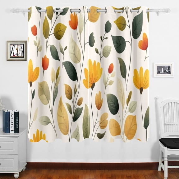 Flowers and Leaves Vector Blackout Curtains for Living Room Bedroom 55W x 63L Insulated Window Drapes 2 Panels