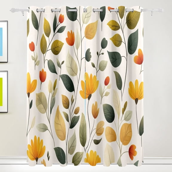Flowers and Leaves Vector Blackout Curtains for Living Room Bedroom 55W x 72/84L Insulated Window Drapes 2 Panels