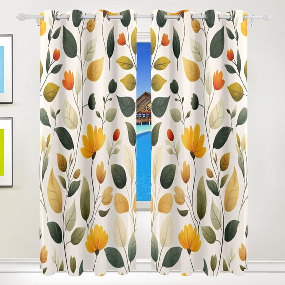 Flowers and Leaves Vector Blackout Curtains for Living Room Bedroom 55W x 72/84L Insulated Window Drapes 2 Panels