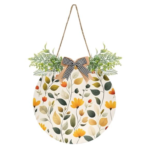 Flowers and Leaves Vector Front Door Porch Decoration Hanging Sign with Artificial Green Plants and Bow for Home Outdoor Indoor