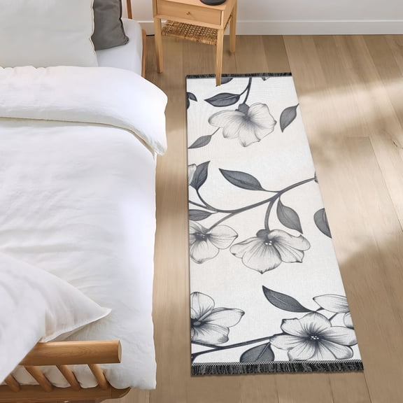 Flowers and Leaves in Monochrom Bedside Runner Rug 2'x 6' Non Slip Carpet Floor Mat Area Rug