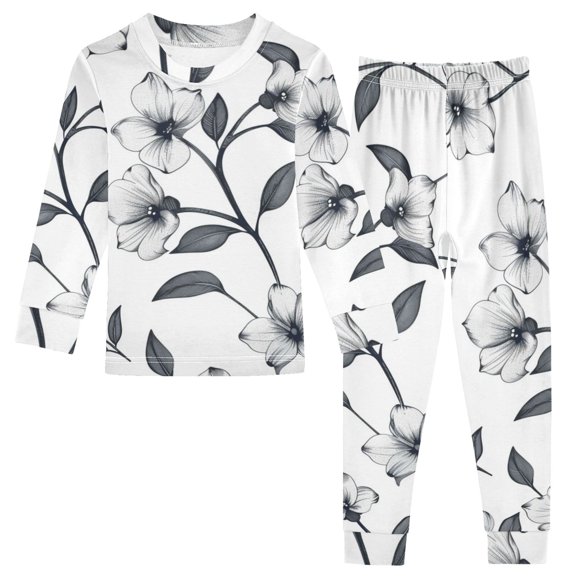 Flowers and Leaves in Monochrom Cotton Pajama Set Long Sleeve Top and Pants Sleepwear Unisex 4T