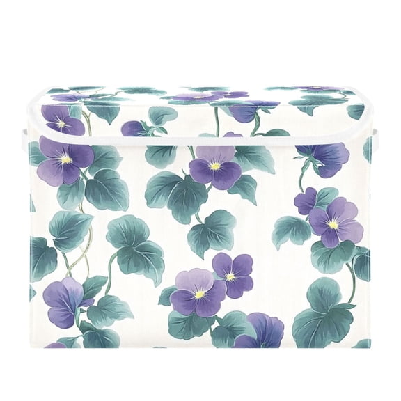 Flowers and Leaves on White Background Large Storage Bins with Linen Collapsible Lid Storage Box 16.7 x 12.6 x 11.8in