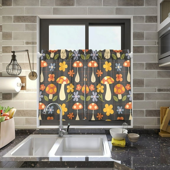 Flowers and Mushrooms Kitchen Curtains Half Tier Curtain 2 Rod Pockets Bathroom Bedroom Cupborad Living Room 27"x24"