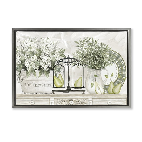 Stupell Industries Flowers and Pears on Shelf Gray Framed Floater Canvas Wall Art, design by Cindy Jacobs