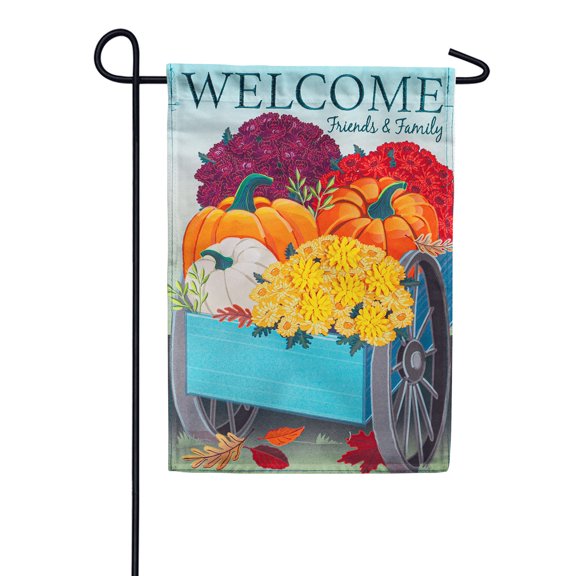 Flowers and Pumpkin Wagon Garden Linen Flag