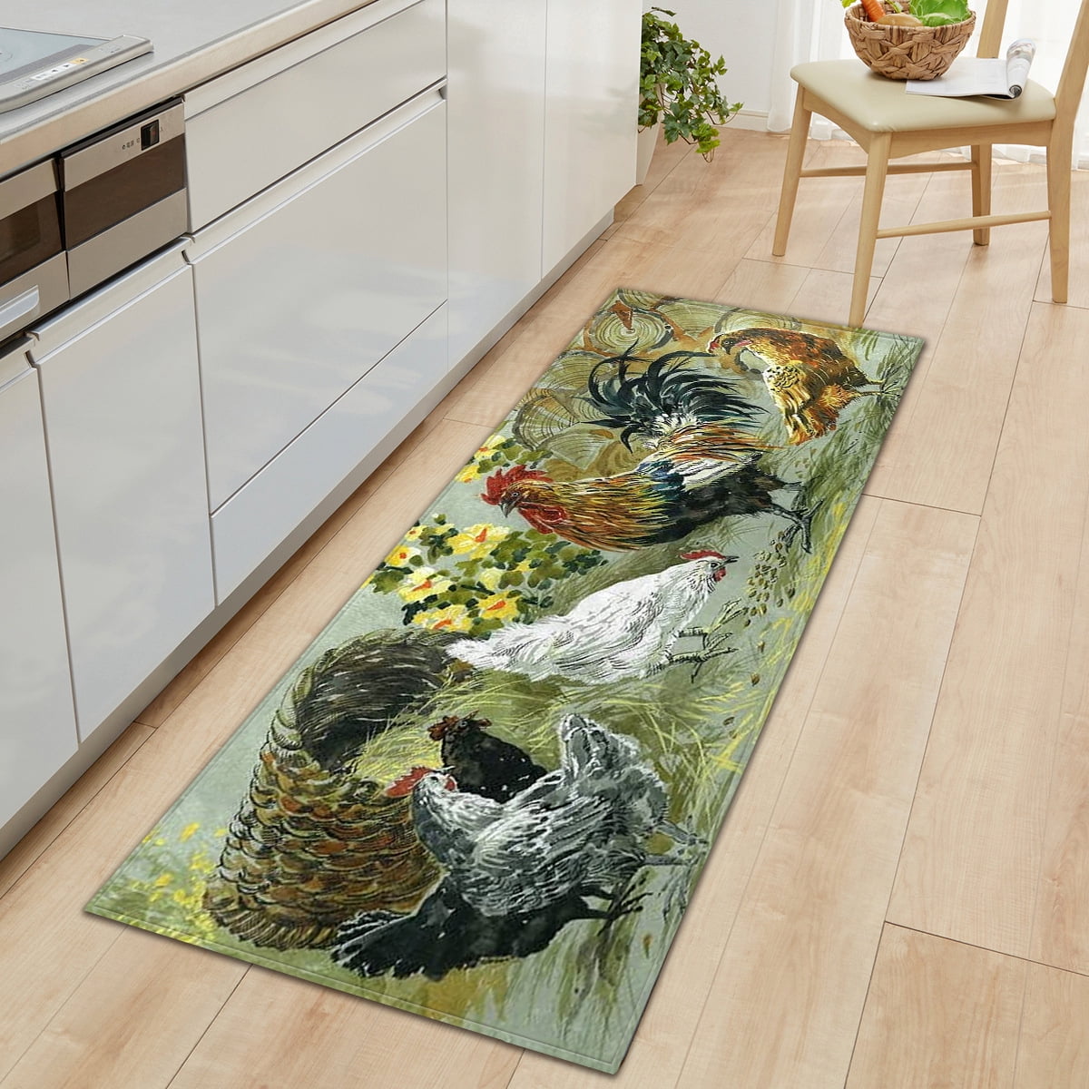 Flowers and Rooster Kitchen Mat NonSlip Carpet Indoor Outdoor Floor