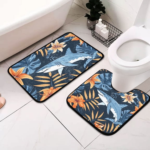 Flowers and Sharks 2 Pcs Bathroom Rug Non-Slip Bathroom Mats Water Absorption Toilet Carpet Washable Shower Rugs for Bathroom Floor Tub Shower