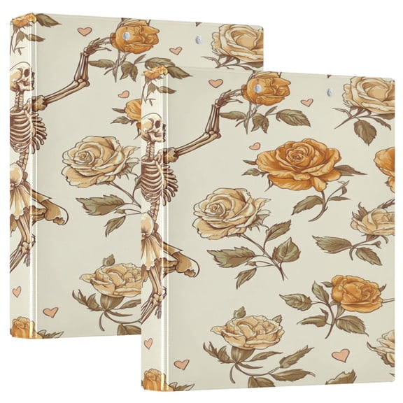 Flowers and Skulls 12.4x10.6in PVC Round Ring Binder, D-Ring 3-Hole, Metal Clip, 200 Sheets