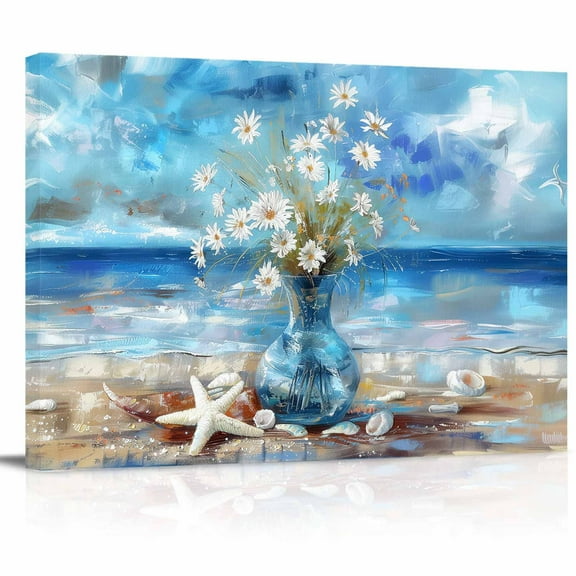 Flowers and The Sea Canvas Painting Wall Art Picture Print Home Decor for Livingroom Bedroom,24" x 16"