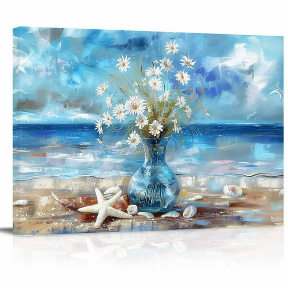 Flowers and The Sea Canvas Painting Wall Art Picture Print Home Decor for Livingroom Bedroom,24" x 16"