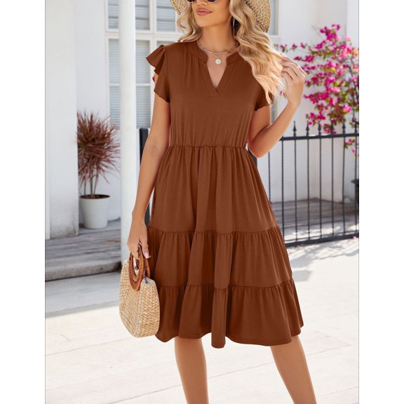 Flowers and love Summer Dresses for Women Ruffle Sleeve V Neck Midi Dress Casual Beach Sundress with Pockets