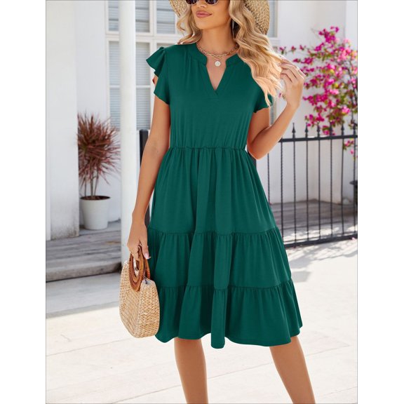 Flowers and love Summer Dresses for Women Ruffle Sleeve V Neck Midi Dress Casual Beach Sundress with Pockets