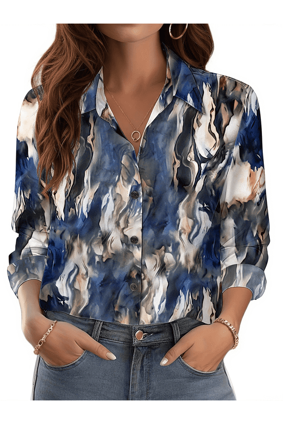 Womens Button Down Shirts Boho Floral Printed Long Sleeve Blouses Business Work Shirt Dressy Casual Loose Tops