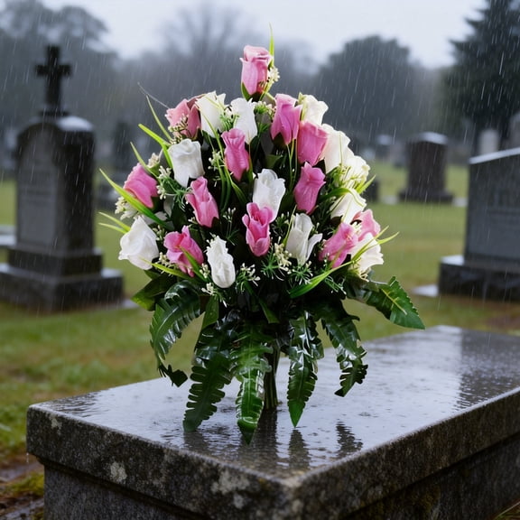 Elegant Sympathy Silk Cemetery Flowers for Gravesite with Red Lilies White Daisies and Red Roses - Floral Arrangement