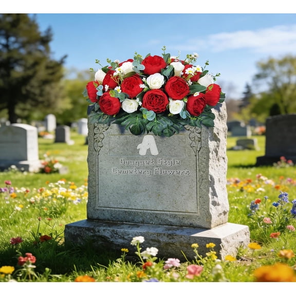 Flowers for Headstone Artificial Cemetery Flowers Red Peony White Mixed Arrangement Florist Handmade Windproof Non-Bleed Colors
