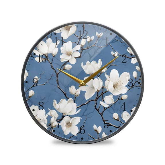 Flowers in Blue Acrylic Wall Clocks Quiet Round Clock Battery Operated Non-Ticking Clock for Bedroom Kitchen Office Decorative 9.5 Inch