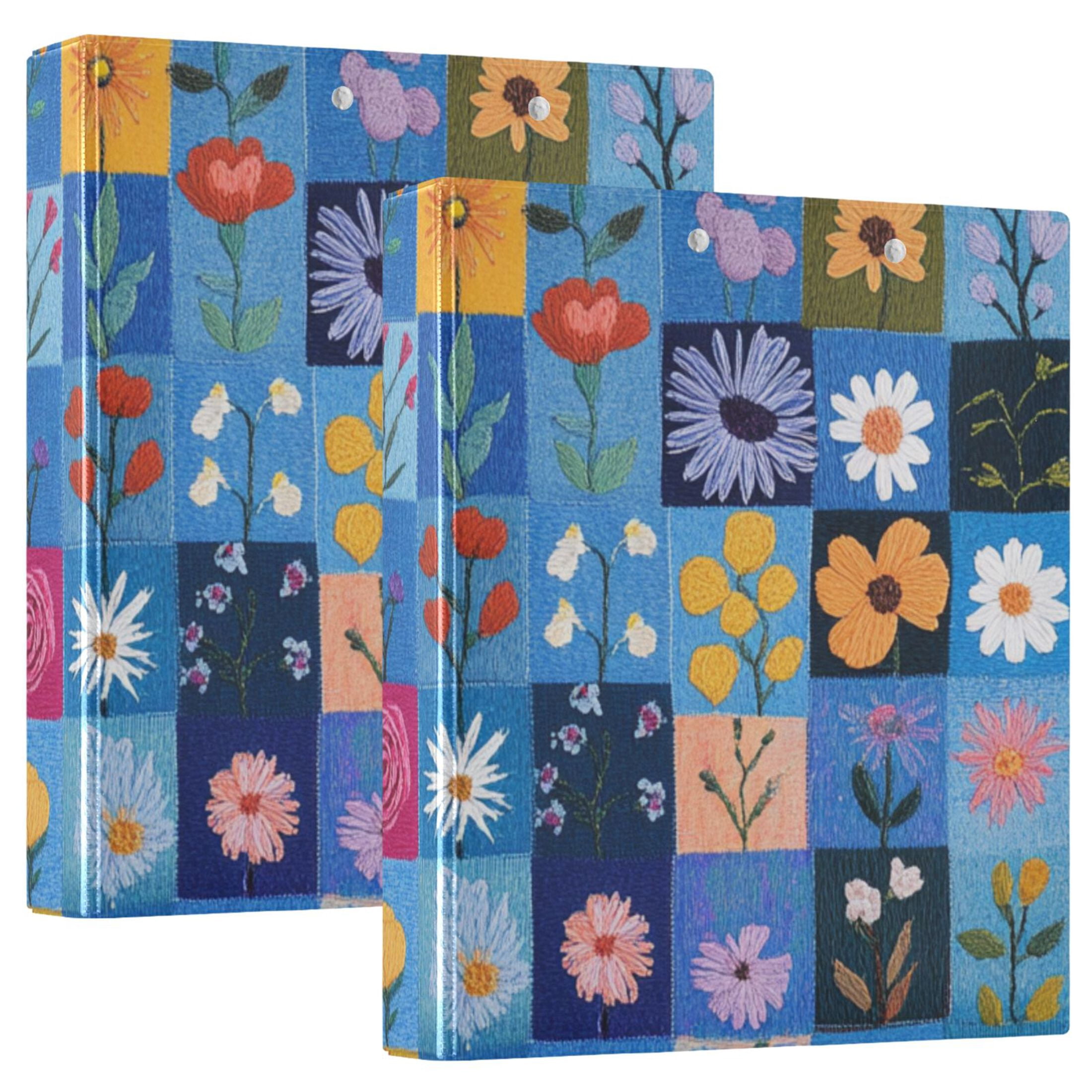 Flowers in Blue Grids 3 Ring Binders 1.5 inch Hardcover File Folders with Interior Pockets A4 Size Organizer for School Office Hospital