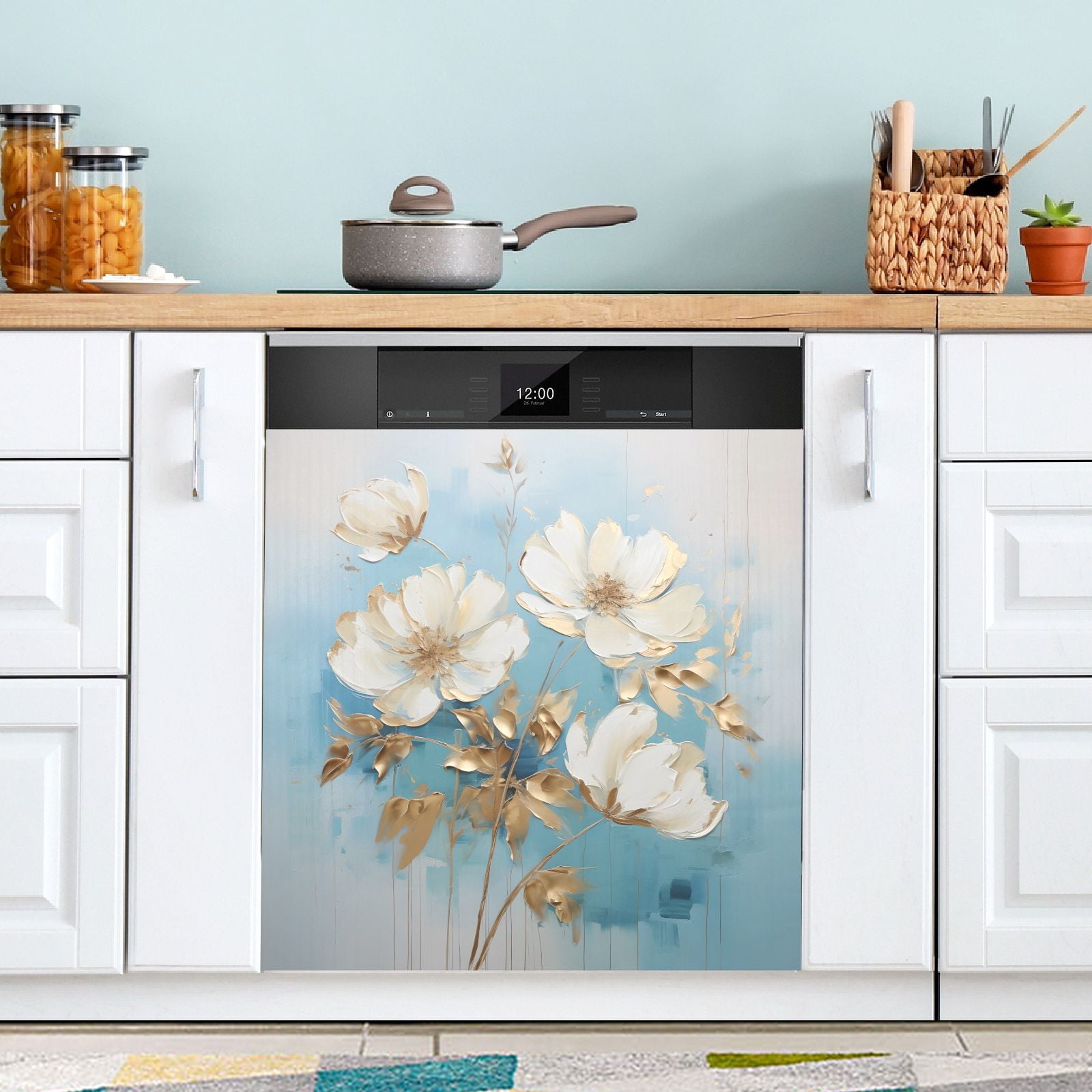 Flowers in Blue Magnetic Dishwasher Cover Magnet Refrigerator Dishwasher Sticker Home Decorative Art Kitchen Panel Decal 23x26 Inch