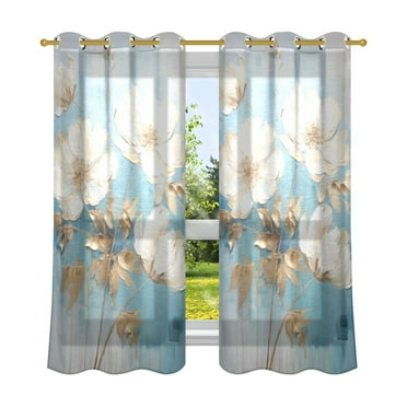 Flowers in Blue Semi Sheer Curtains 2 Panels Faux Linen Voile Sheer Drapes for Office Living Room 63x42in