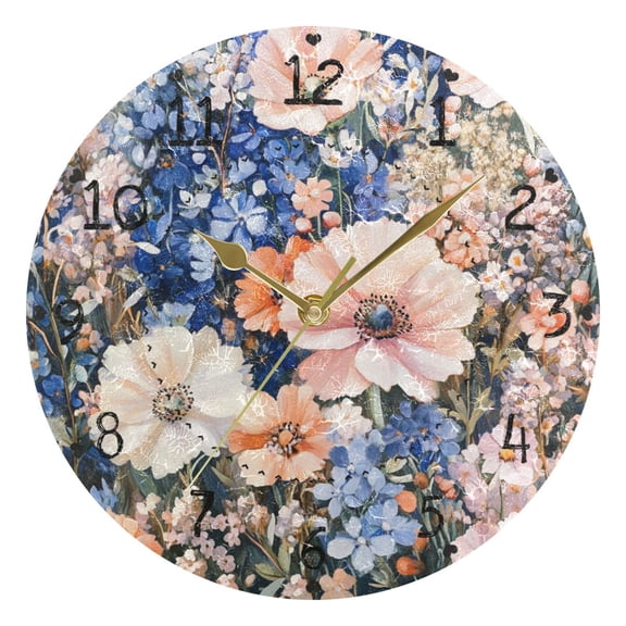 Flowers in Different Colors Round Wall Clock Silent Analog Battery Operated Gold Pointer Home Decor 9.84" Diameter