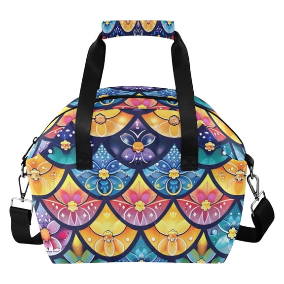 Flowers in Fish Scales Insulated Lunch Bag Reusable Quilted Lunch Box Waterproof Leakproof Lunch Container