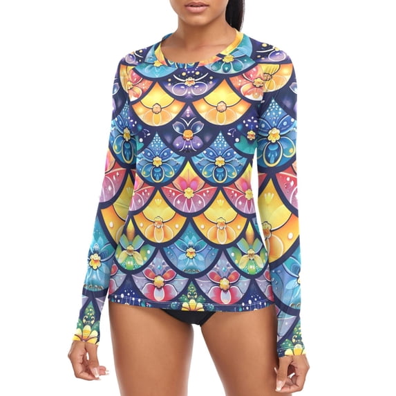Flowers in Fish Scales Women's Rash Guard Shirts UPF 50+ Sun Protection ...