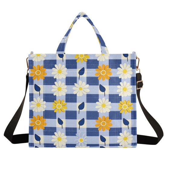 Flowers in Grids Corduroy Tote Bag Handbag Large Messenger Bag Shoulder Crossbody Zipper Bag Purse