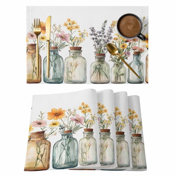 Flowers in Mason Jar Placemats Set of 6 Spring Flower Place Mats Table Mats Kitchen Dining Home Outdoor Party Table Decoration