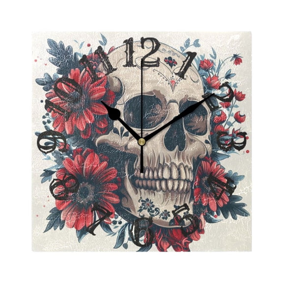 Flowers in Skeleton Face Wall Clock Square Silent Non Ticking Battery Operated Clock for Home Bathroom Kitchen Bedroom Living Room