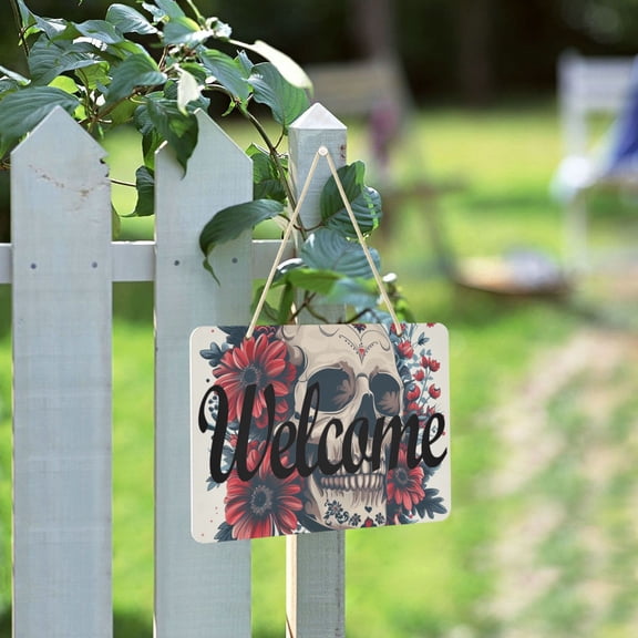 Flowers in Skeleton Face Welcome Sign for Front Door Porch Wreath Door Sign Home Decoration Rustic Farmhouse Style