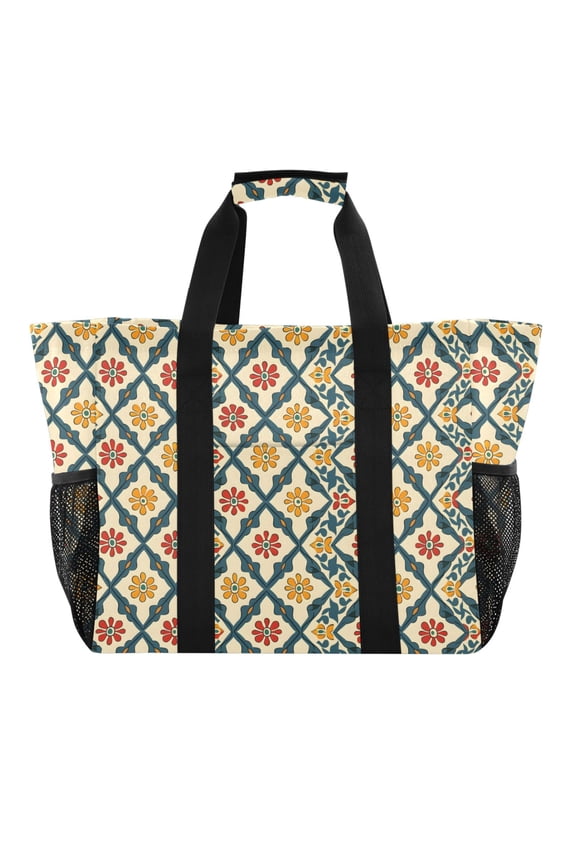 Flowers in Square Reusable Grocery Bags with Handle Side Pocket Waterproof Shopping Portable Tote
