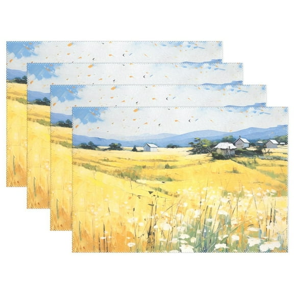 Flowers in Yellow 4 PCs Placemats Set Linen Non-Slip Table Mat Rectangular Washable for Dining Kitchen Party 12"x18"