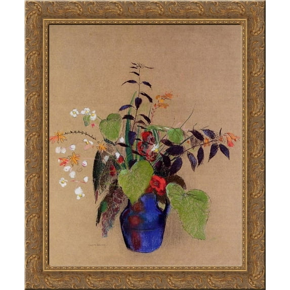 Flowers in a Blue Jug 20x24 Gold Ornate Wood Framed Canvas Art by Redon, Odilon
