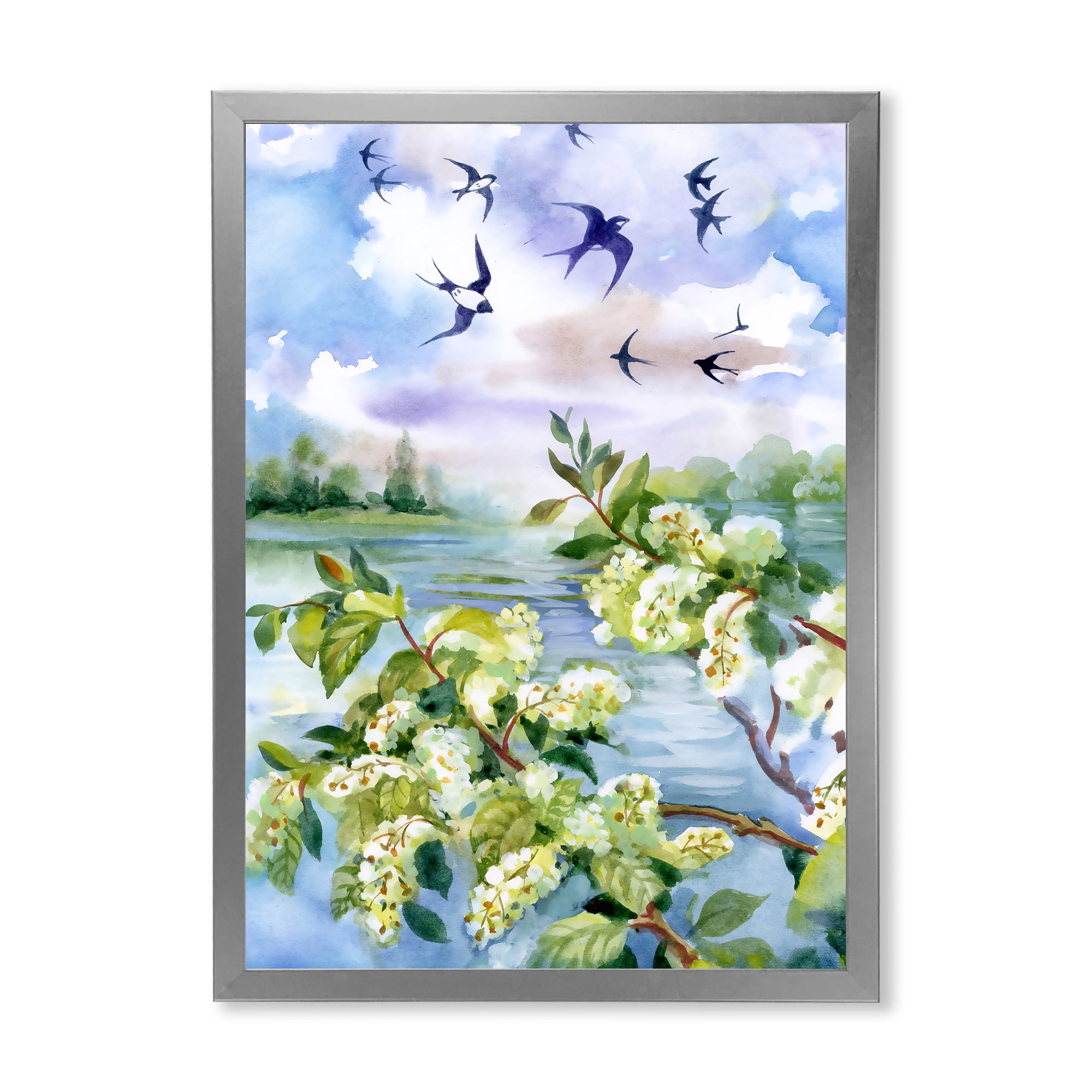 Flowers of The Cherry Blossoms On A Spring Day Landscape 12 in x 20 in Framed Painting Canvas Art Print, by Designart