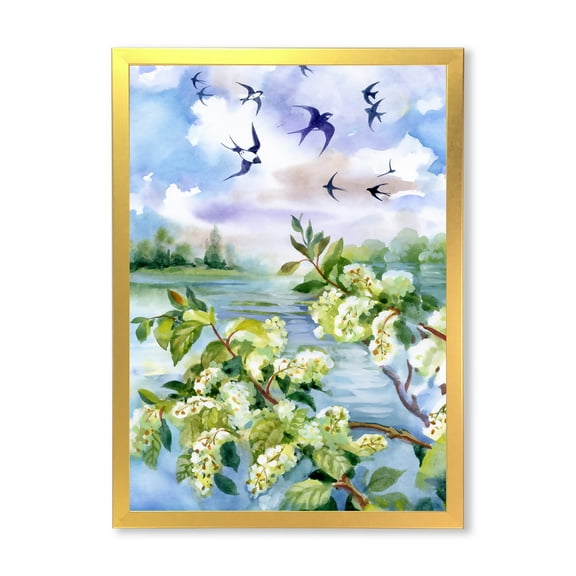 Flowers of The Cherry Blossoms On A Spring Day Landscape 16 in x 32 in Framed Painting Canvas Art Print, by Designart