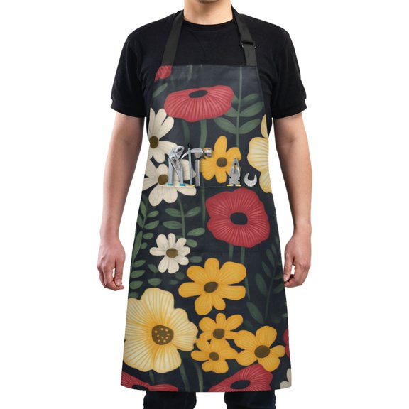 Flowers on Black Background Chef Kitchen Apron with Pockets for Women Waterproof Aprons for Cooking Baking