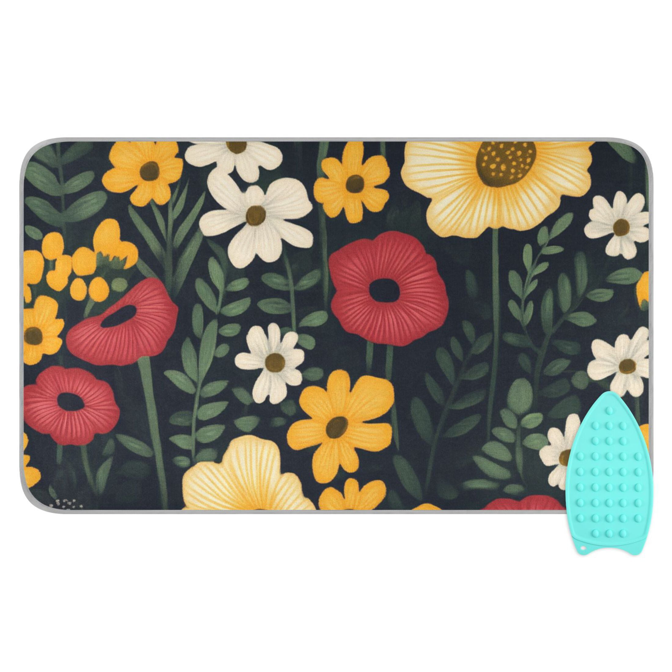 Flowers on Black Background Ironing Mat Blanket for Table Top Travel Portable Ironing Board Pad 47.2x27.6 Inch