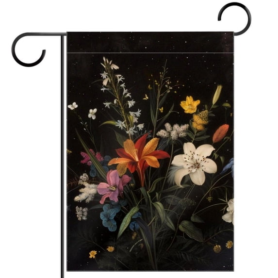 Flowers on Black Decorative Garden Flag for All Seasons, 12 x 18 Inch Small Vertical Double Sided Outside Decoration for Yard Farmhouse